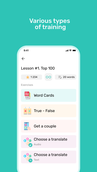 LinguaLab exercises: word cards, true or false, matching pairs, and translation practice.
